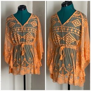 Neon Orange Lace Poncho by Vince Camuto Sheer Mini Dress O/S